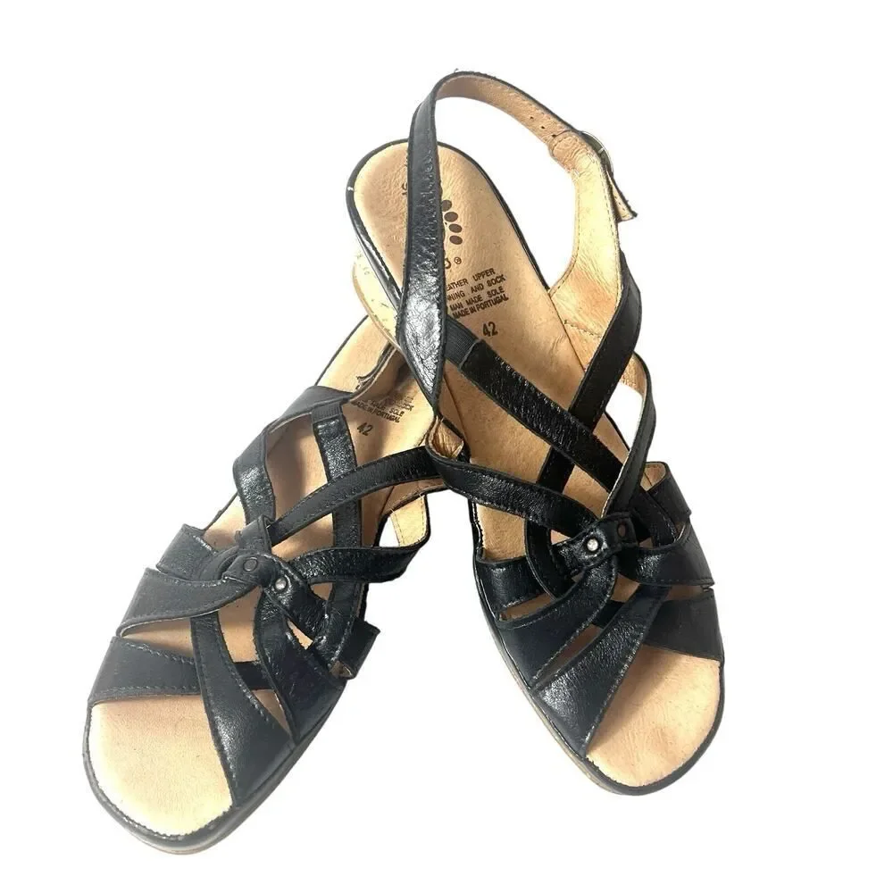 Spring Step Sandals Black Leather Cork Heel Sling Back Women Sz EU 42 US 11.5-12